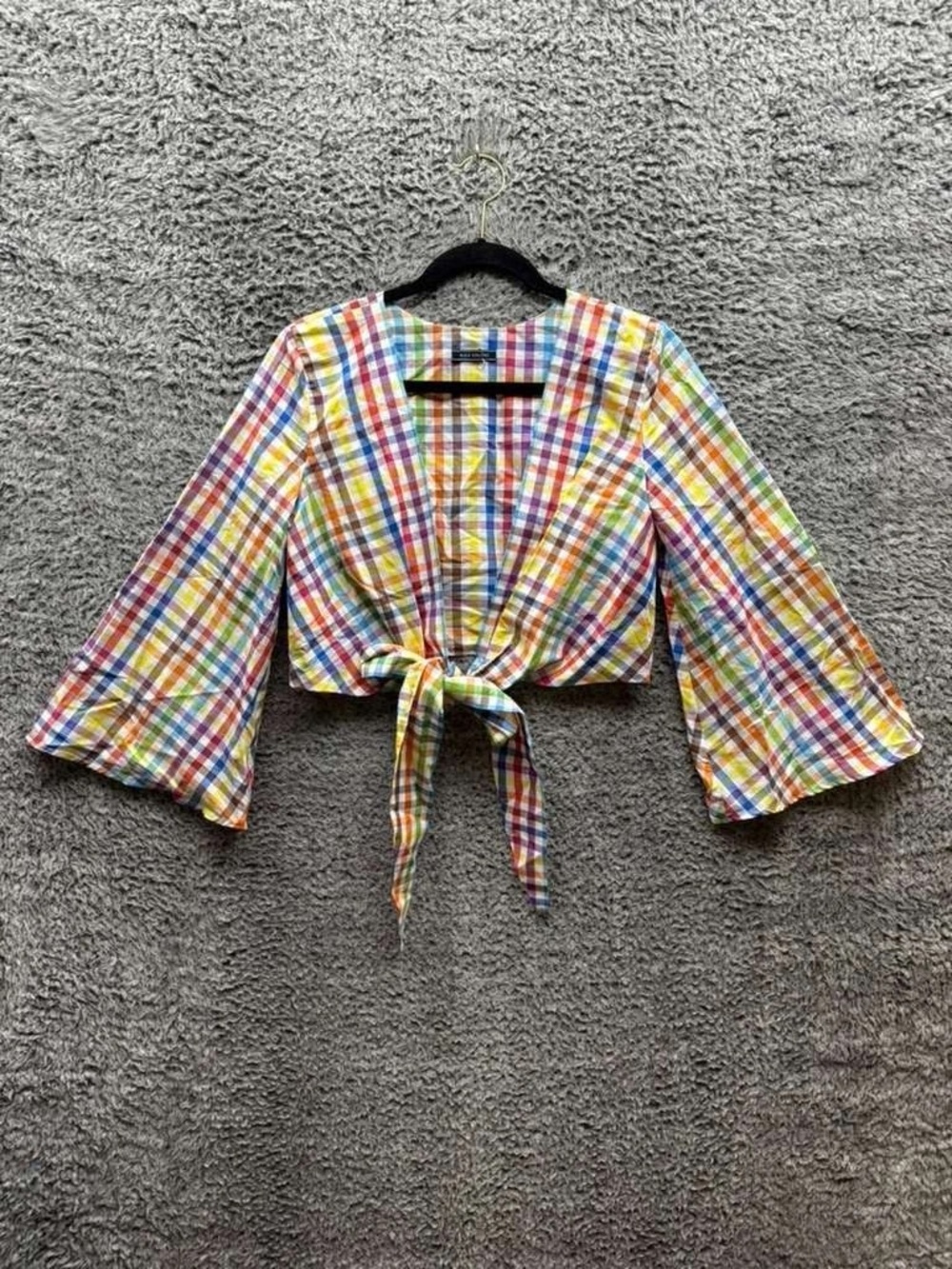 Multicolor Plaid Tie-Front Crop Top with Bell Sleeves